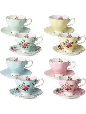 Floral Tea Cups & Saucers Set of 8 - Elegant 8 oz Porcelain Drinkware for Tea